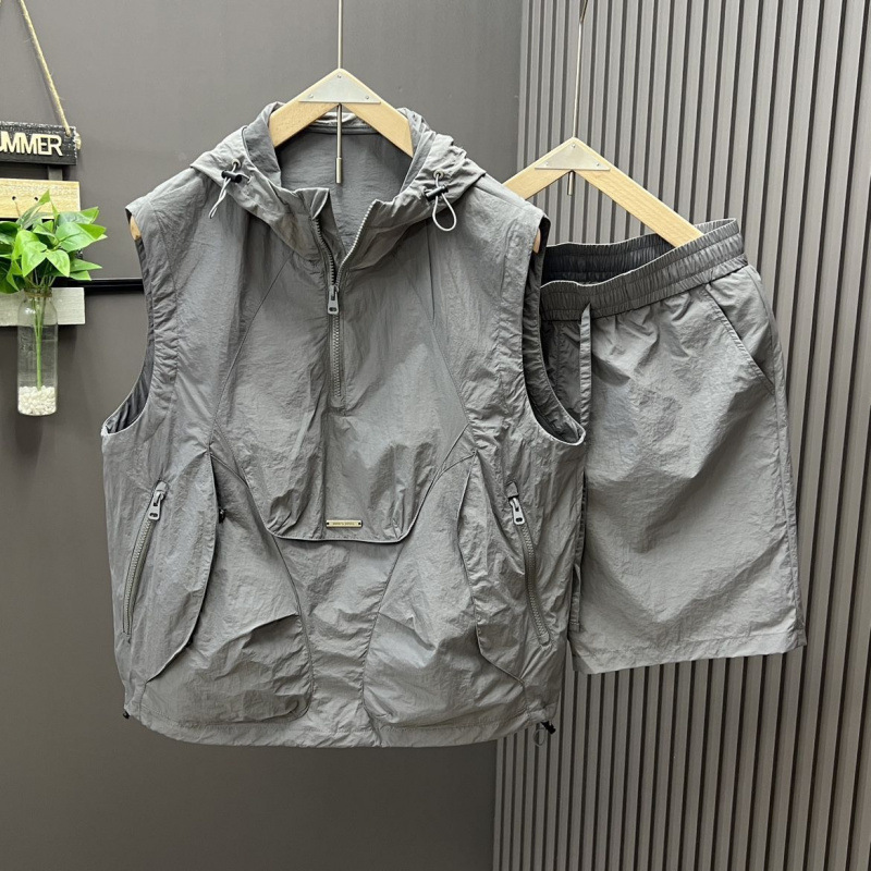 Mens Fashion Vest - 2-teiliges lässiges und modisches Kapuzenwesten-Shorts-Set für
