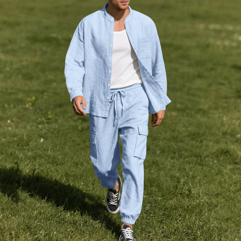 Linen Shirt Summer - Herren Leinen Atmungsaktives Zweiteiler-Set mit Stehkragen-Langarmhemd