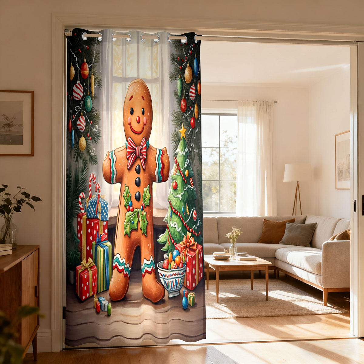 Mens Xmas Fashion - Weihnachts-Dekorationsvorhang mit Lebkuchenmann-Motiv, Einzelner Schlaufen-Vorhang, Türvorhang