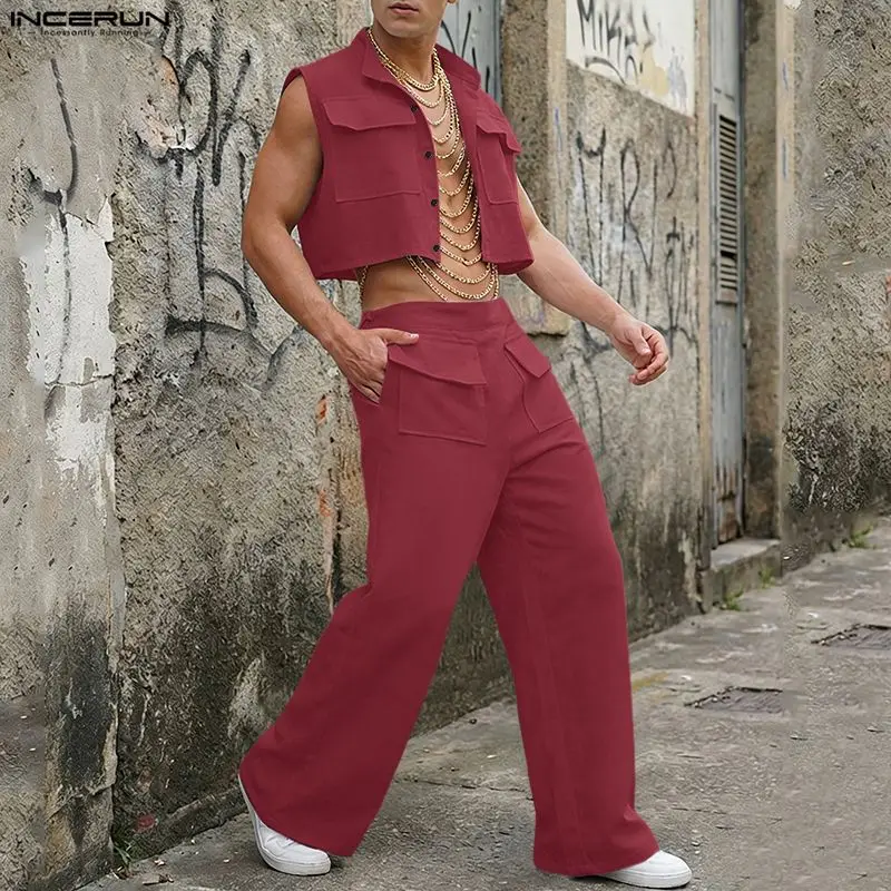 Men'S Fashion For 2026 - INCERUN Herren-Sets Einfarbiges Ärmelloses Crop-Top Hemd