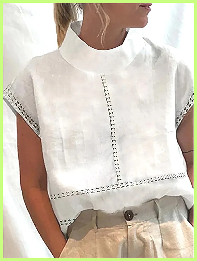 Linen Shirt Summer - Damen Baumwoll-Leinen Pullover-Shirt, Elegantes Spitzenbesetztes Slim-Fit