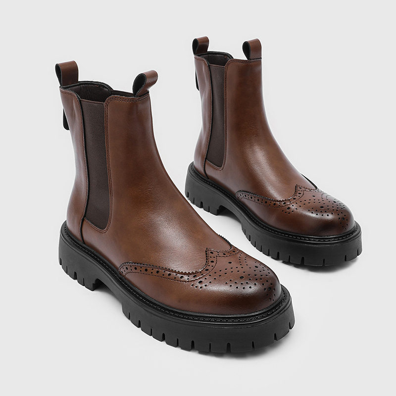 Chelsea Boots Men - High-End-Männer-Chelsea-Stiefel, geschnitzte Kamin-Stiefel, Business-Casual, höhenvergrößernde Anti-Rutsch-Mid-Top-Stiefel