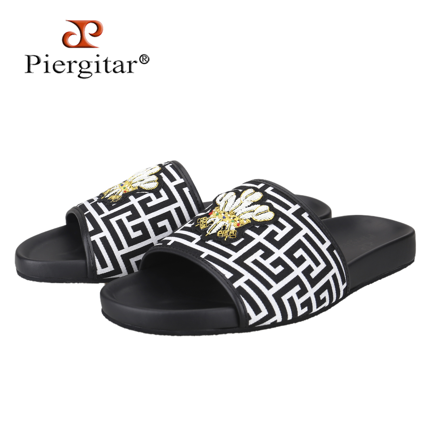 Men'S Fashion Model - Piergitar Sommer-Modell, schwarz-weiß bedruckte Canvas-Herren-Slides mit