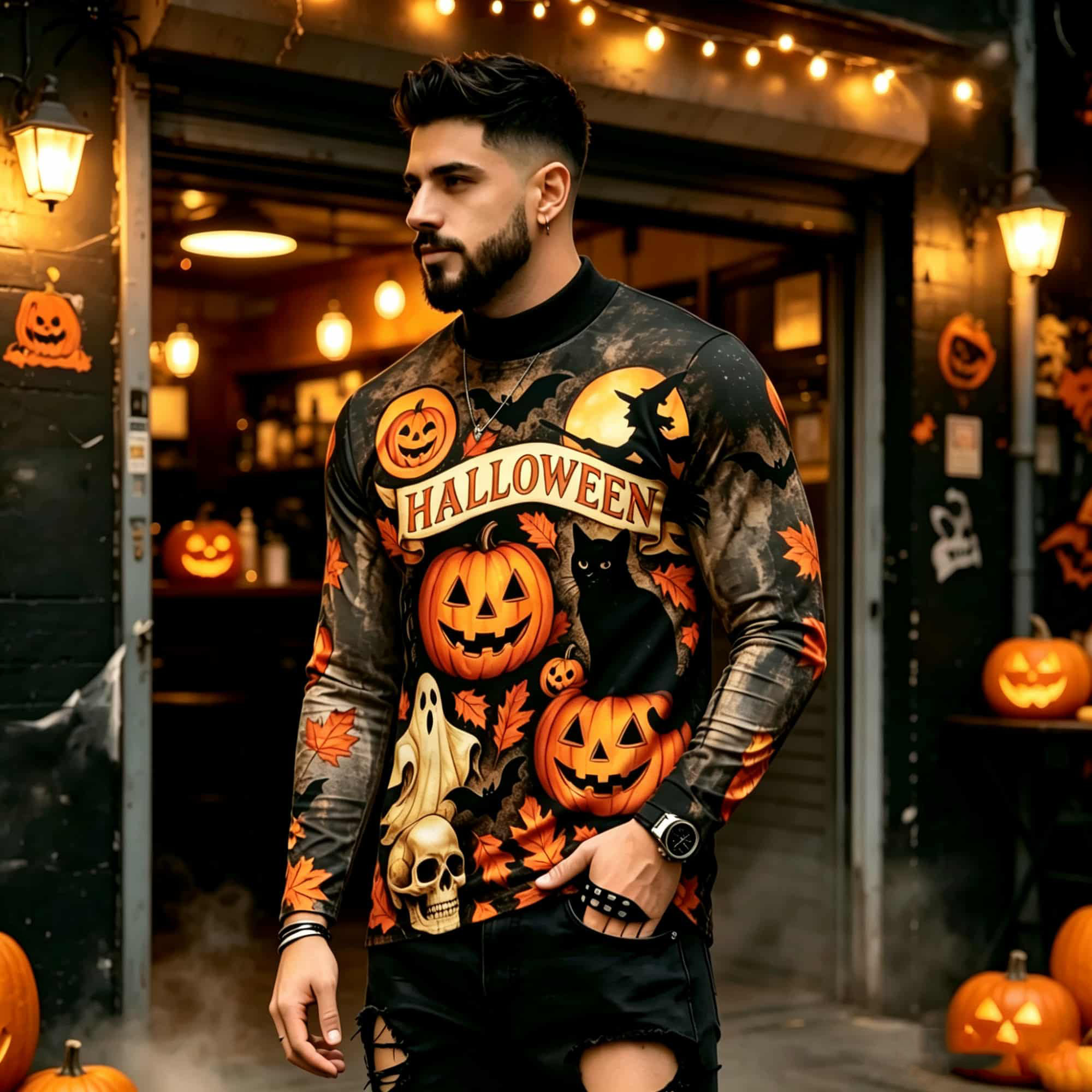 Mens Fashion Style - Lässiges Mode-Street-Style Halloween-Print Langarm-T-Shirt mit Kürbis-,