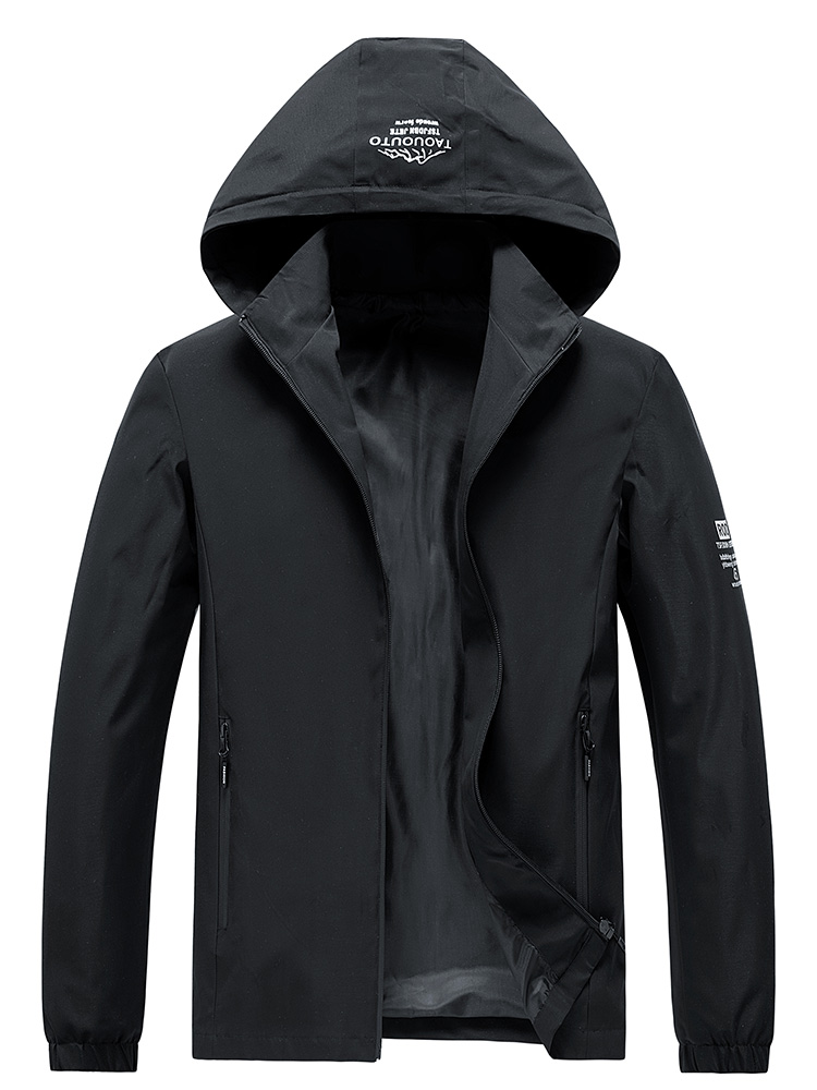 Windbreaker Men Zip - Herren Windbreaker-Jacke mit Kapuze, Schwarz, Reißverschluss,
