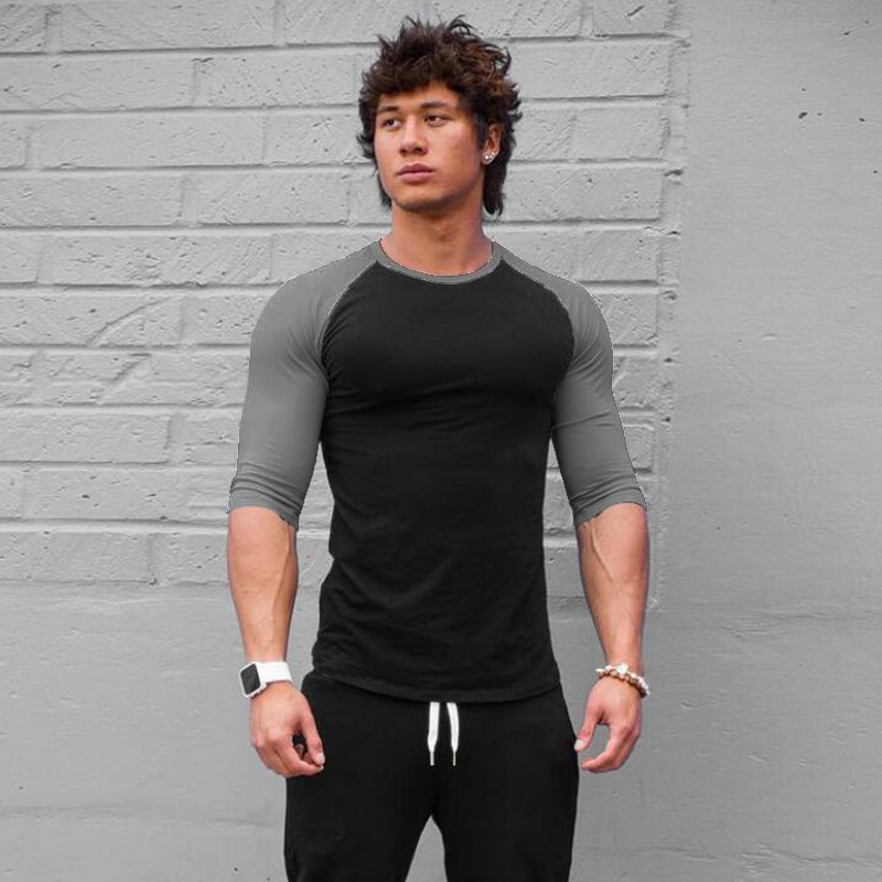 Muscle Tee Workout - Plain Fitness Dreiviertel-Ärmel-Shirt für Herren, Trainingskleidung,