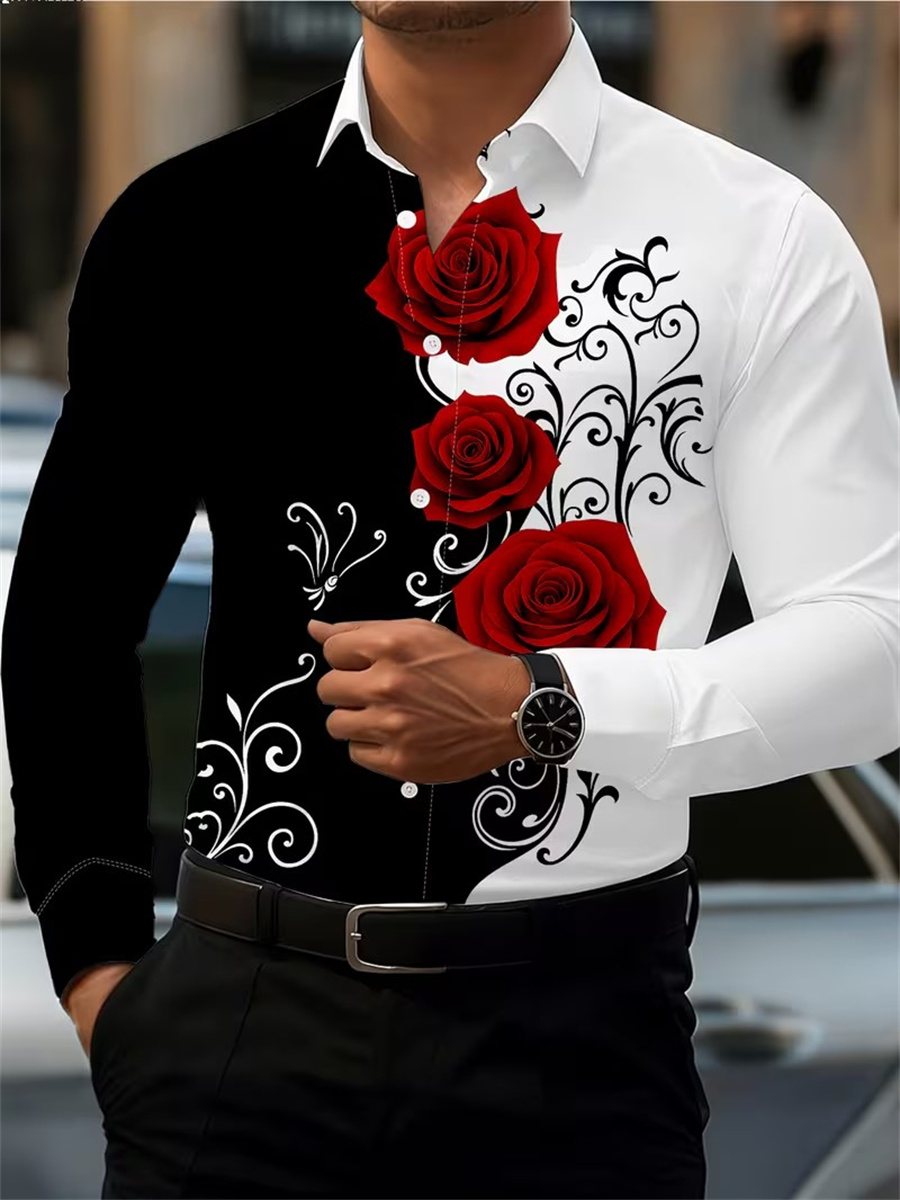 Mens Fashion Top - Herren Langarmhemd mit rotem Rosenmuster, modisch