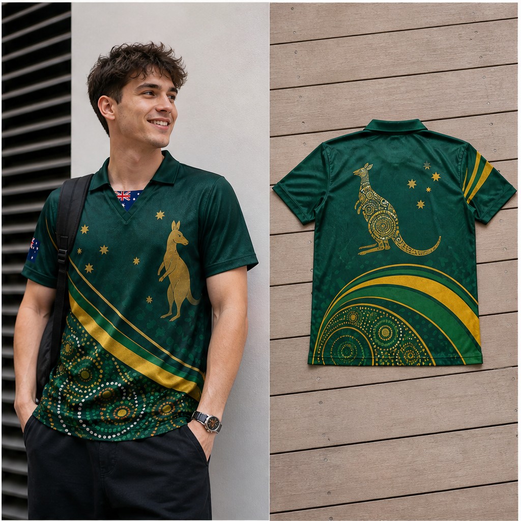 Mens Fashion Australia - Herren Australien Känguru Stern-Streifen Halbpolo V-Ausschnitt