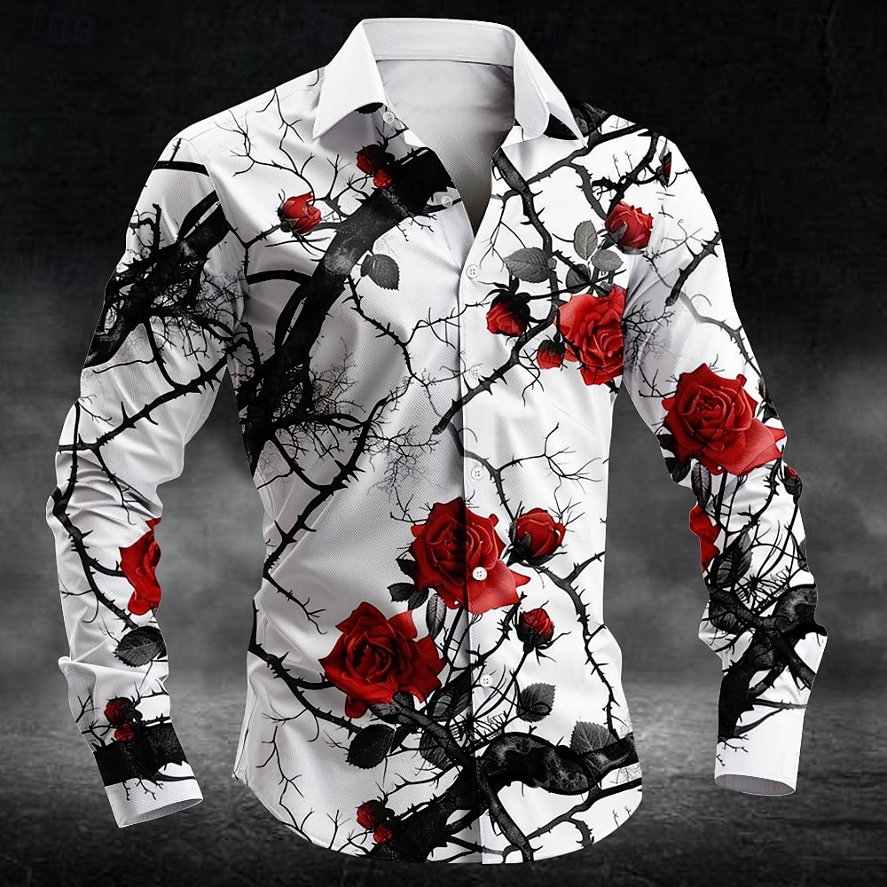 Mens Fashion Top - Modisches Pflaumenblütenmuster 3D-Druck Herren Langarmhemden Kunsthemd